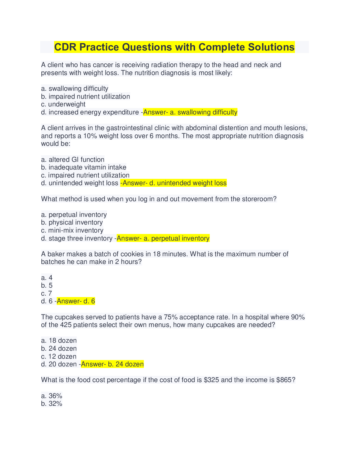 Preview image for CDR Practice Questions with Complete Solutions